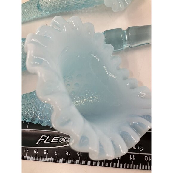 FENTON Glass 10" Flower EPERGNE Sea Blue Opalescent Hobnail Diamond Lace, MINT!! - Picture 16 of 16